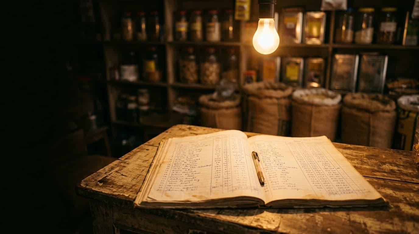 An open handwritten accounts ledger on a worn wooden counter inside a kirana store, lit by a single hanging bulb, with packed shelves in shadow behind.