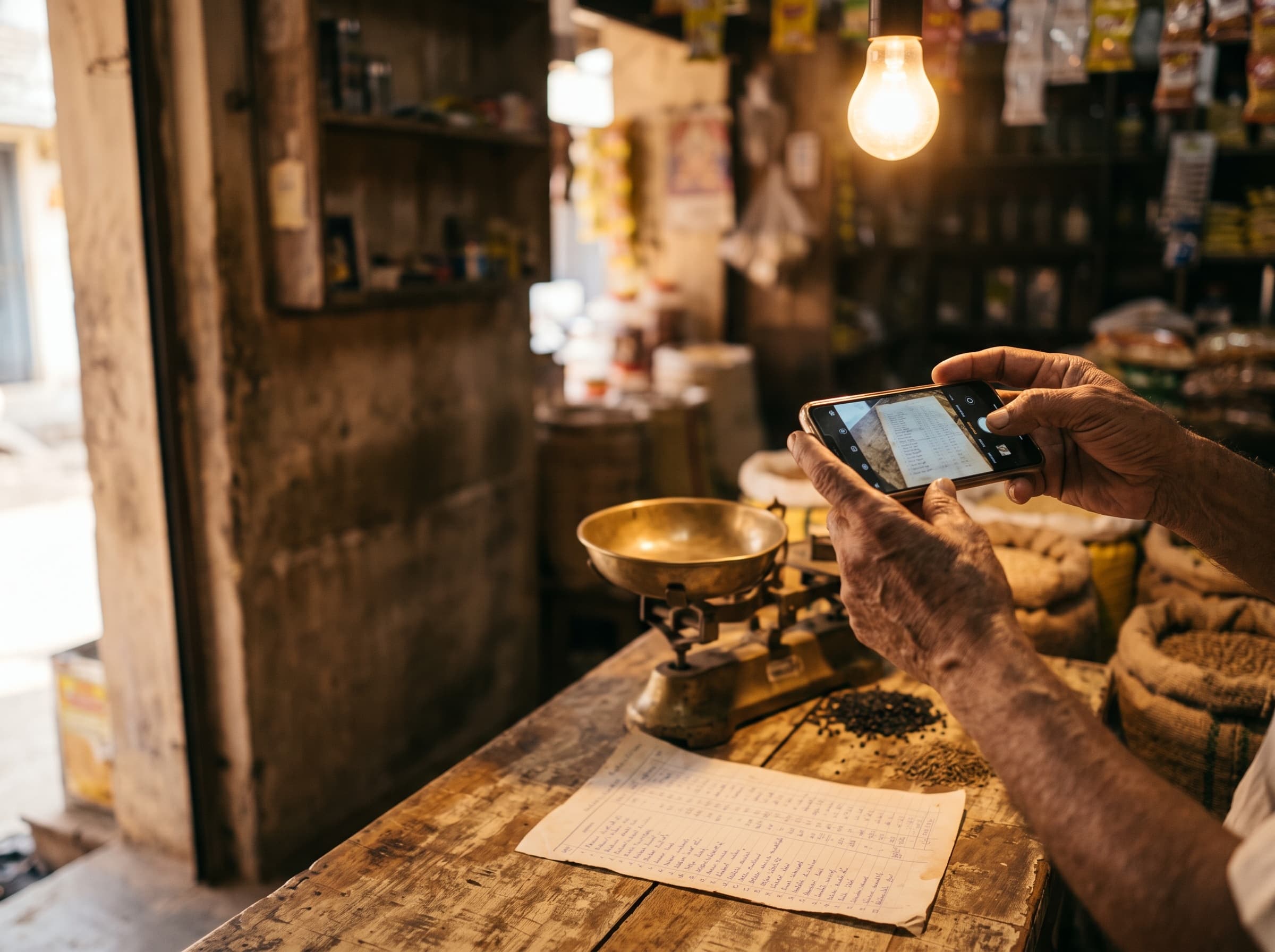 A shopkeeper's hands holding a phone above a paper supplier invoice on a wooden counter, photographing it, with a brass weighing scale beside.