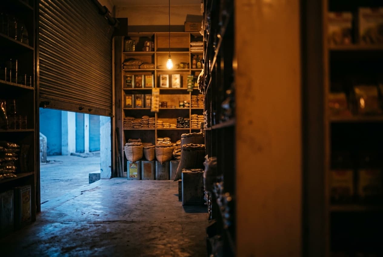Dawn inside a kirana store looking towards a half-raised metal shutter, cool morning light spilling in across the floor to meet the warm glow of a bulb inside.