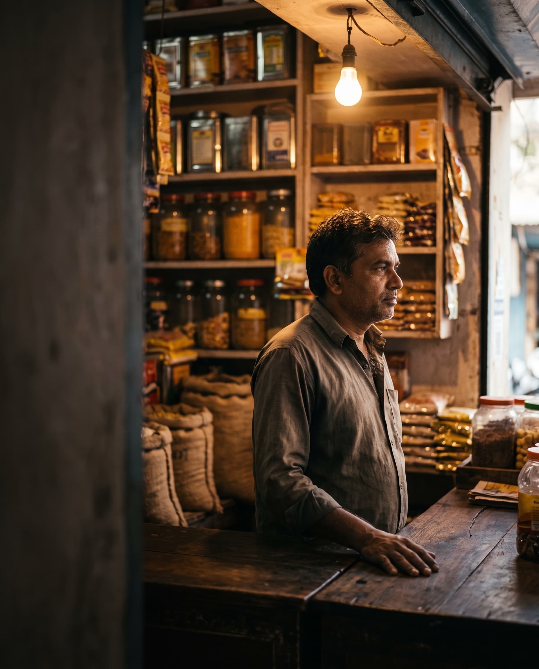 A kirana shopkeeper in his forties standing behind his wooden counter, one hand resting on it, looking off-camera, shelves of jars and packets warmly lit behind him.