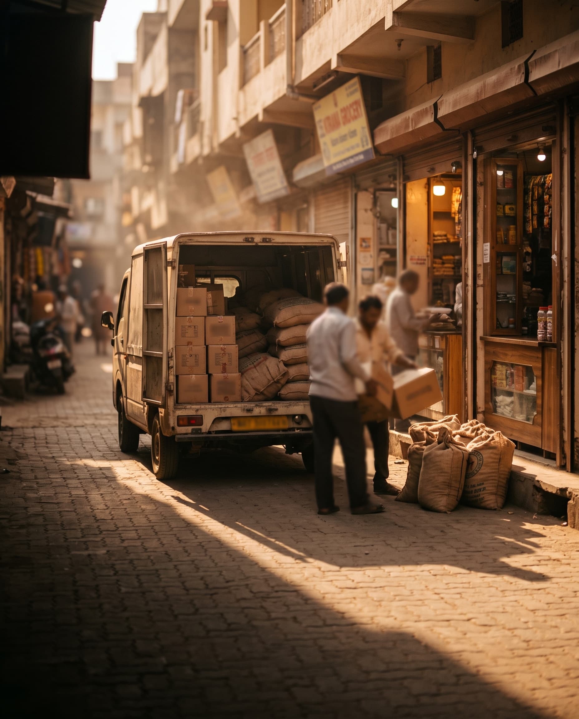A goods delivery van in a narrow Indian market street at morning with its rear doors open, cartons and sacks being unloaded outside a row of small shops.