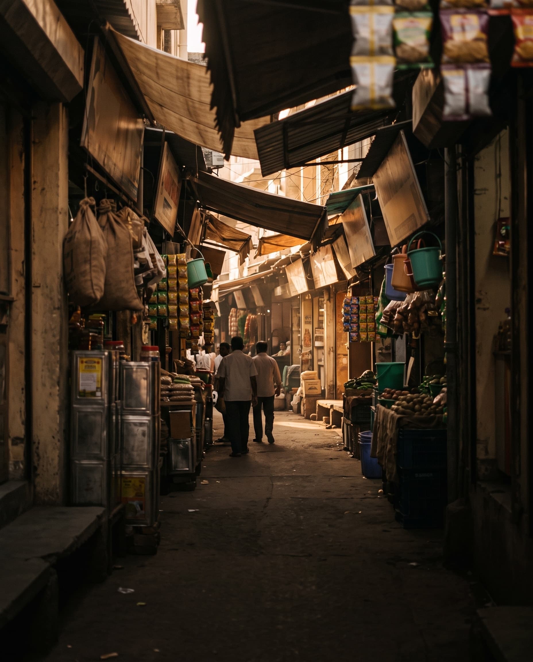 A narrow market lane lined with many small grocery shops receding into the distance under awnings, in warm late-afternoon light.