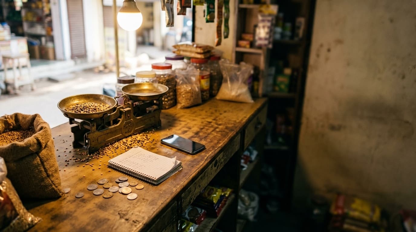 The working counter of a kirana store from above: a brass weighing scale with lentils, a notebook, a phone face-down, loose coins and an open jute sack.