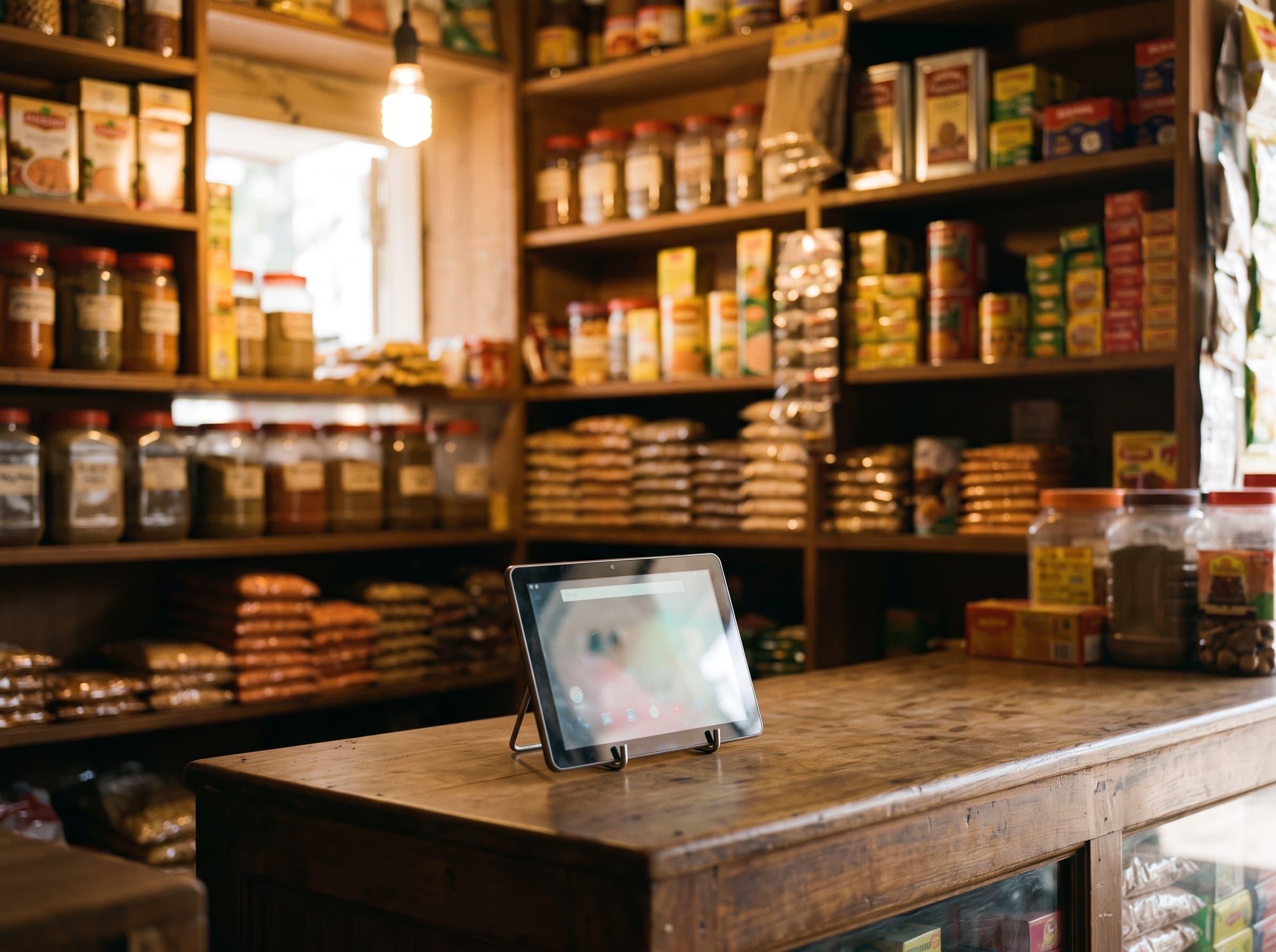 A small Android tablet propped upright on a stand at a kirana counter, screen facing the customer side, with shelves of goods warmly lit behind.