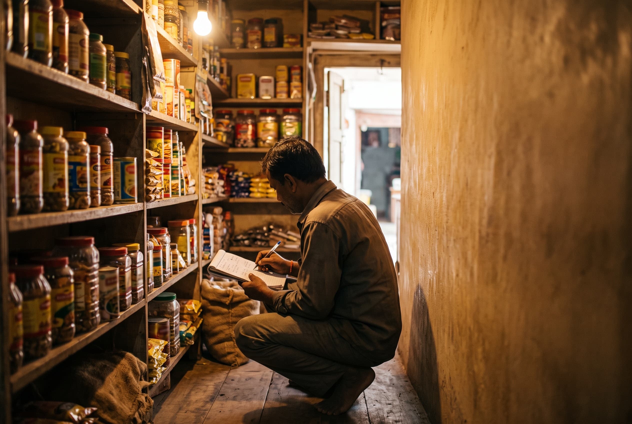 A shopkeeper crouched beside a shelf counting stock with a notebook and pen, surrounded by rows of jars, tins and packets.