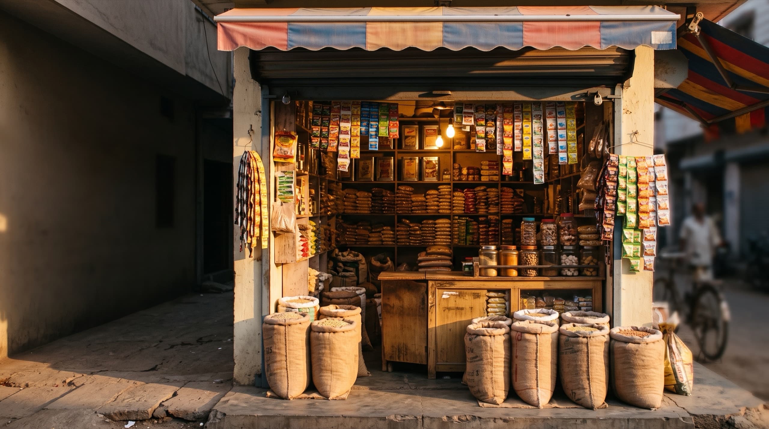 A kirana storefront seen from the street in golden morning light: shutter fully up, shelves packed with goods, hanging strips of sachets, jute sacks of grain at the entrance.