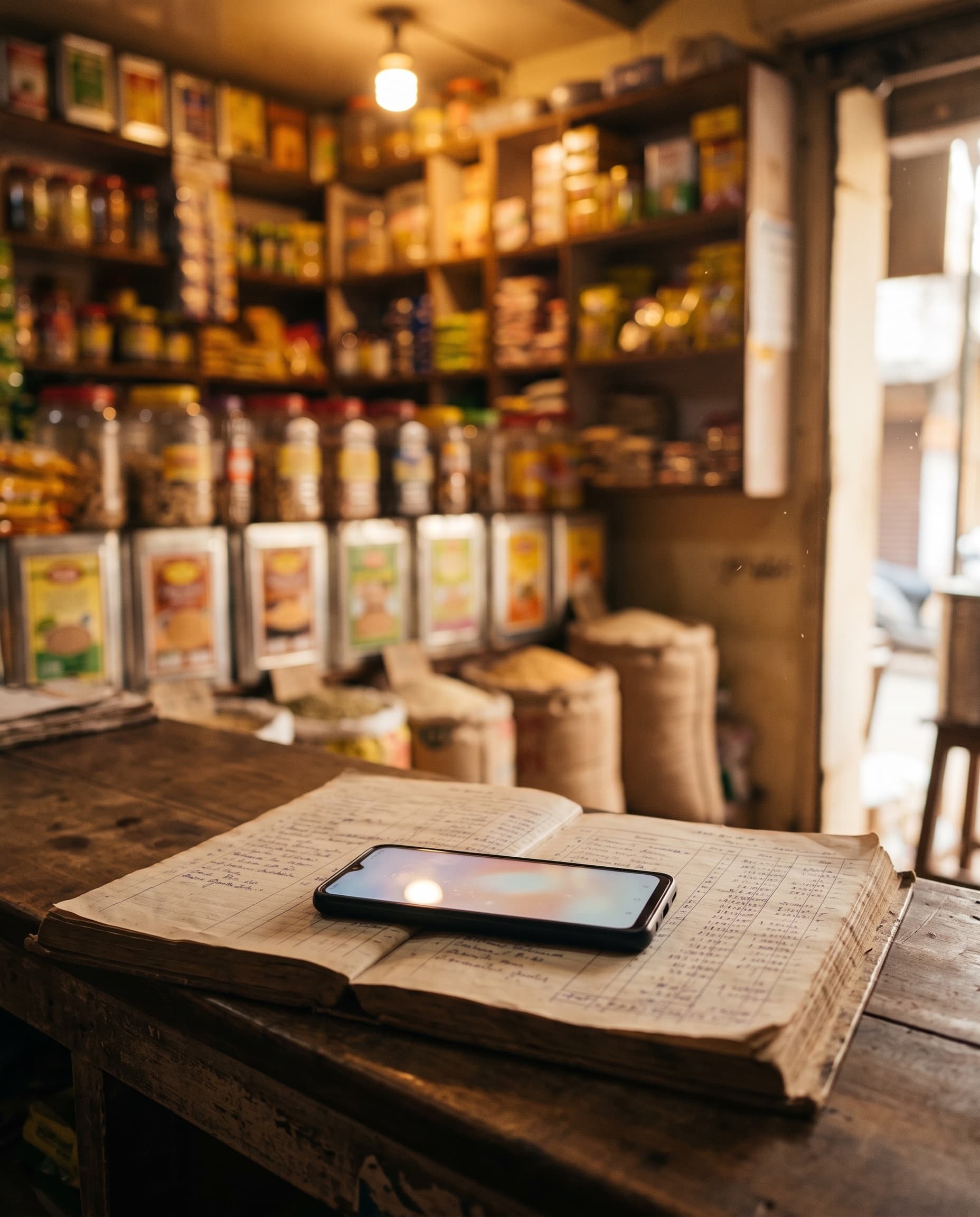 A smartphone resting on an open handwritten ledger on a wooden shop counter, its screen glowing softly, shelves of packets blurred warmly behind.