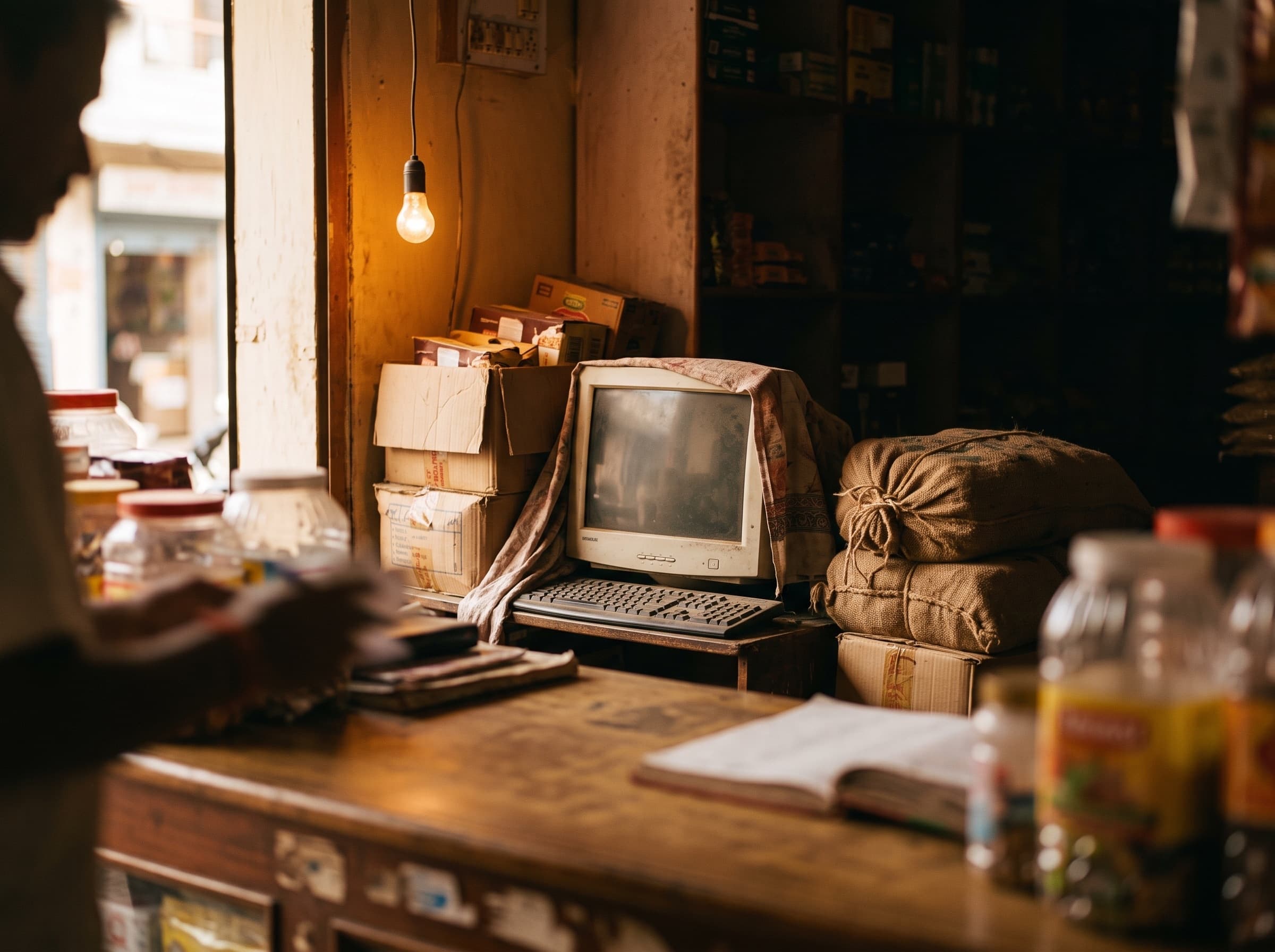 An old desktop computer sitting unused and dusty in the corner of a grocery shop, partly covered and stacked around with boxes, while the busy counter sits in the foreground.