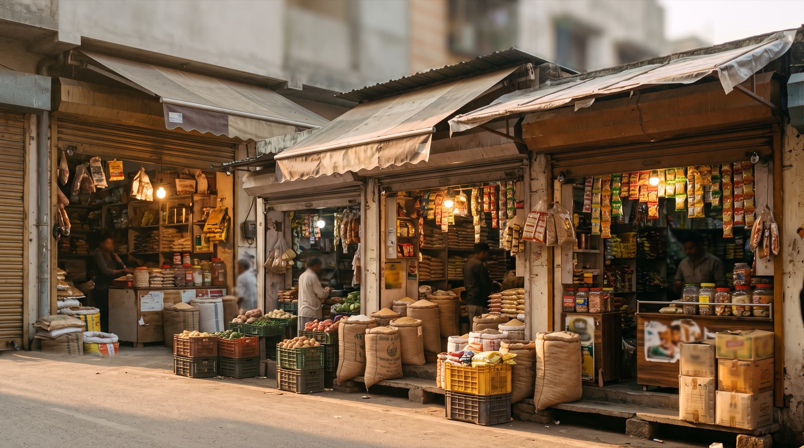 A row of small grocery shops side by side along a street with shutters up and goods spilling toward the pavement, in soft morning light.