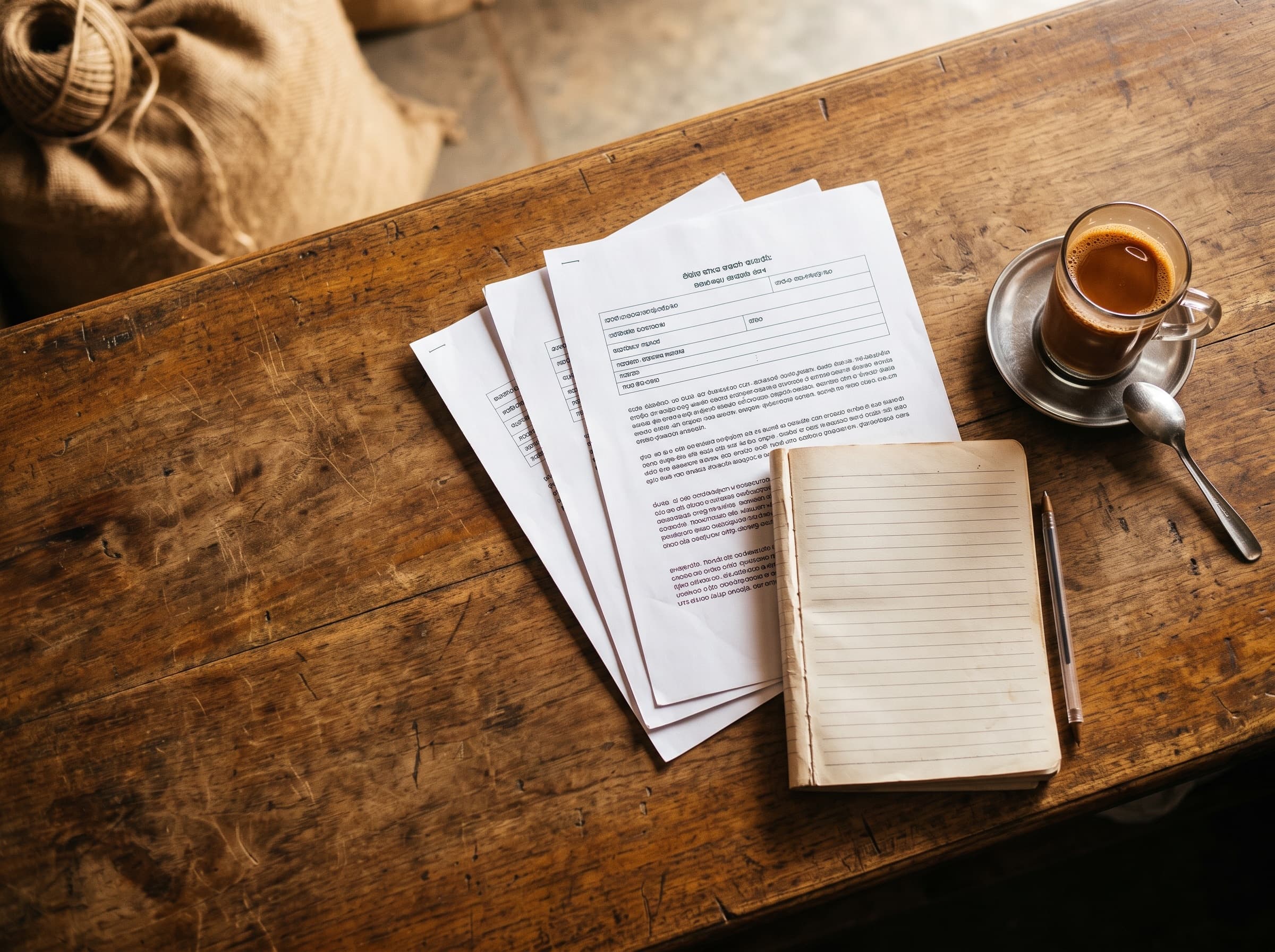 Printed documents and a notebook fanned out on a worn wooden shop counter beside a glass of chai and a pen.